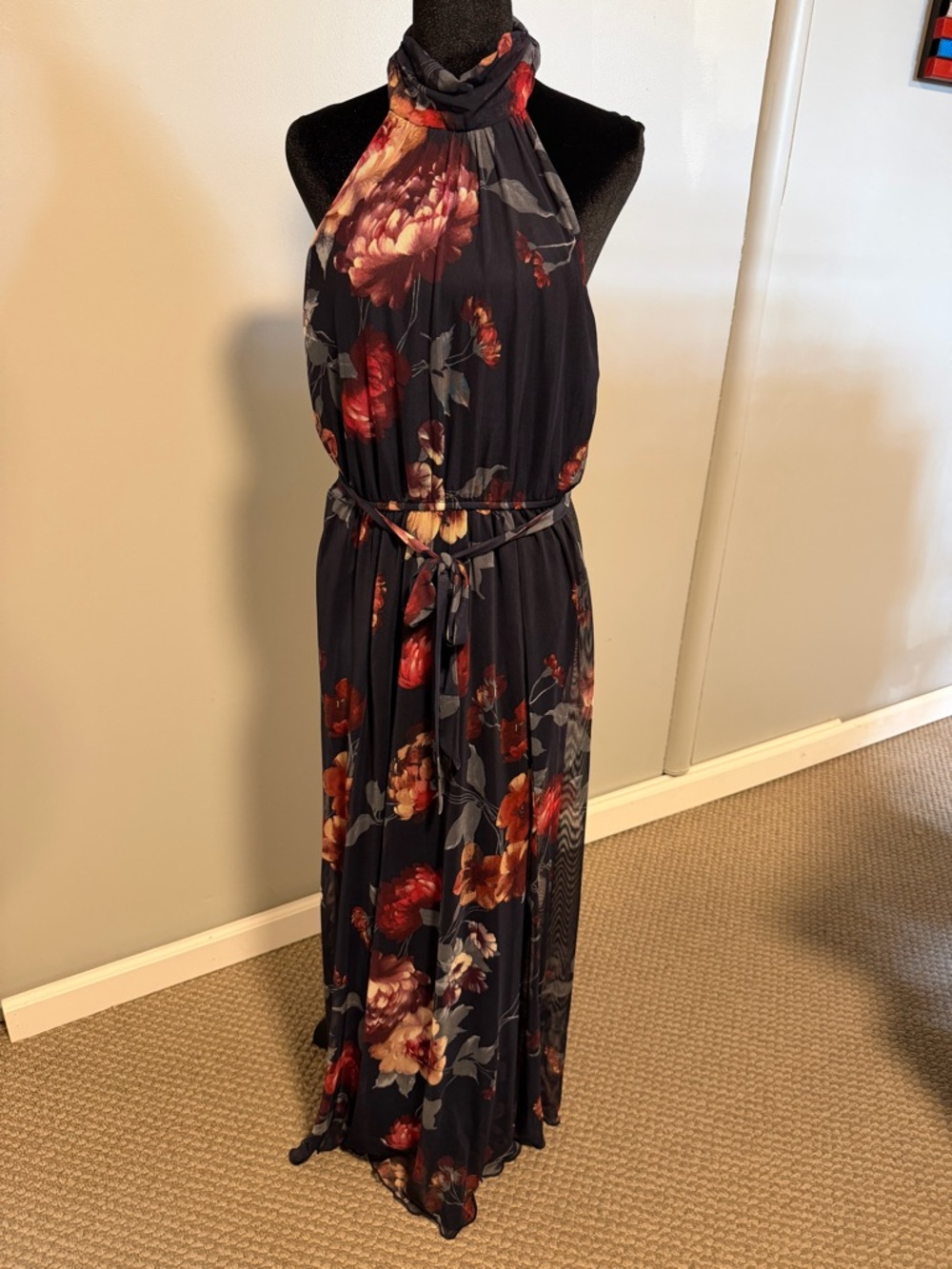Kate & Lily Floral Halter Maxi Dress Size 6 Navy Burgundy